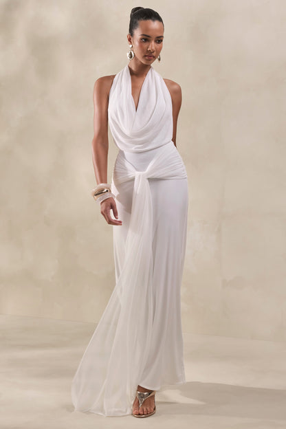 Rosetide | Vestido Largo Blanco De Cuello Cowl Con Detalle Fruncido Y Faja