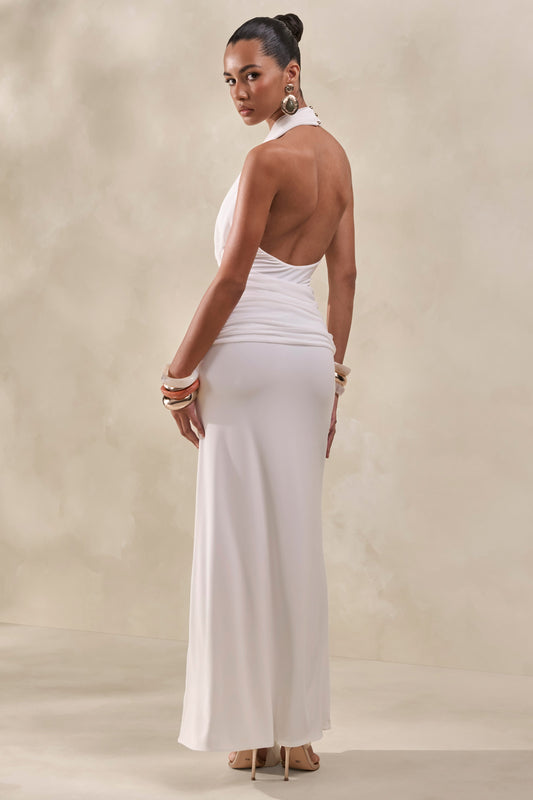 Rosetide | Vestido Largo Blanco De Cuello Cowl Con Detalle Fruncido Y Faja