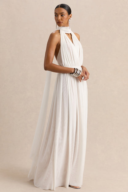 Rylina | Vestido largo de malla blanca con cuello halter, bufanda y espalda descubierta
