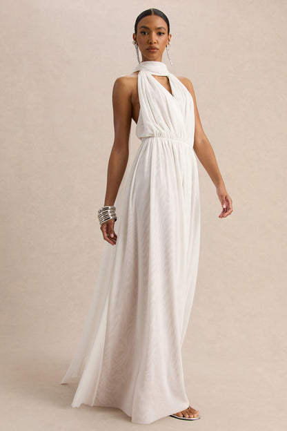 Rylina | Vestido largo de malla blanca con cuello halter, bufanda y espalda descubierta