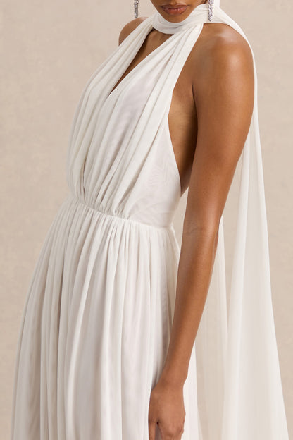 Rylina | Vestido largo de malla blanca con cuello halter, bufanda y espalda descubierta