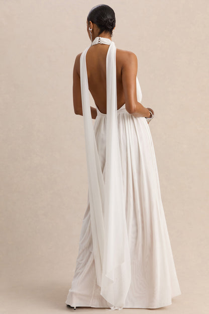 Rylina | Vestido largo de malla blanca con cuello halter, bufanda y espalda descubierta