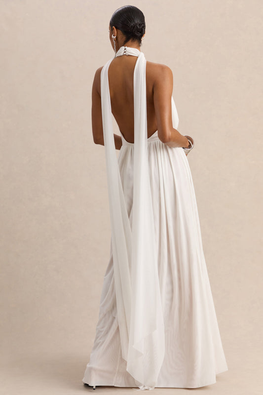 Rylina | Vestido largo de malla blanca con cuello halter, bufanda y espalda descubierta
