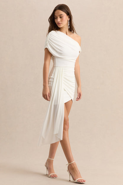 Dalina | Blanco Escote Asimétrico Vestido Corto con Detalle de Fajín
