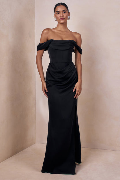 Celinea | Vestido Largo Negro de Satén de Escote Bardot con Abertura Frontal Alta