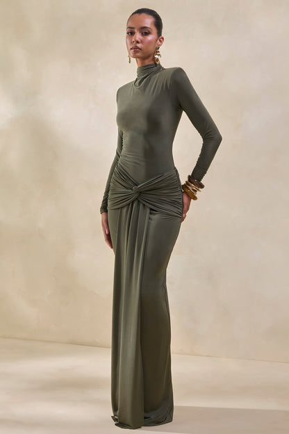 Lyanna | Body Khaki De Jersey Elástico Premium Con Cuello Alto Y Hombros Acolchados