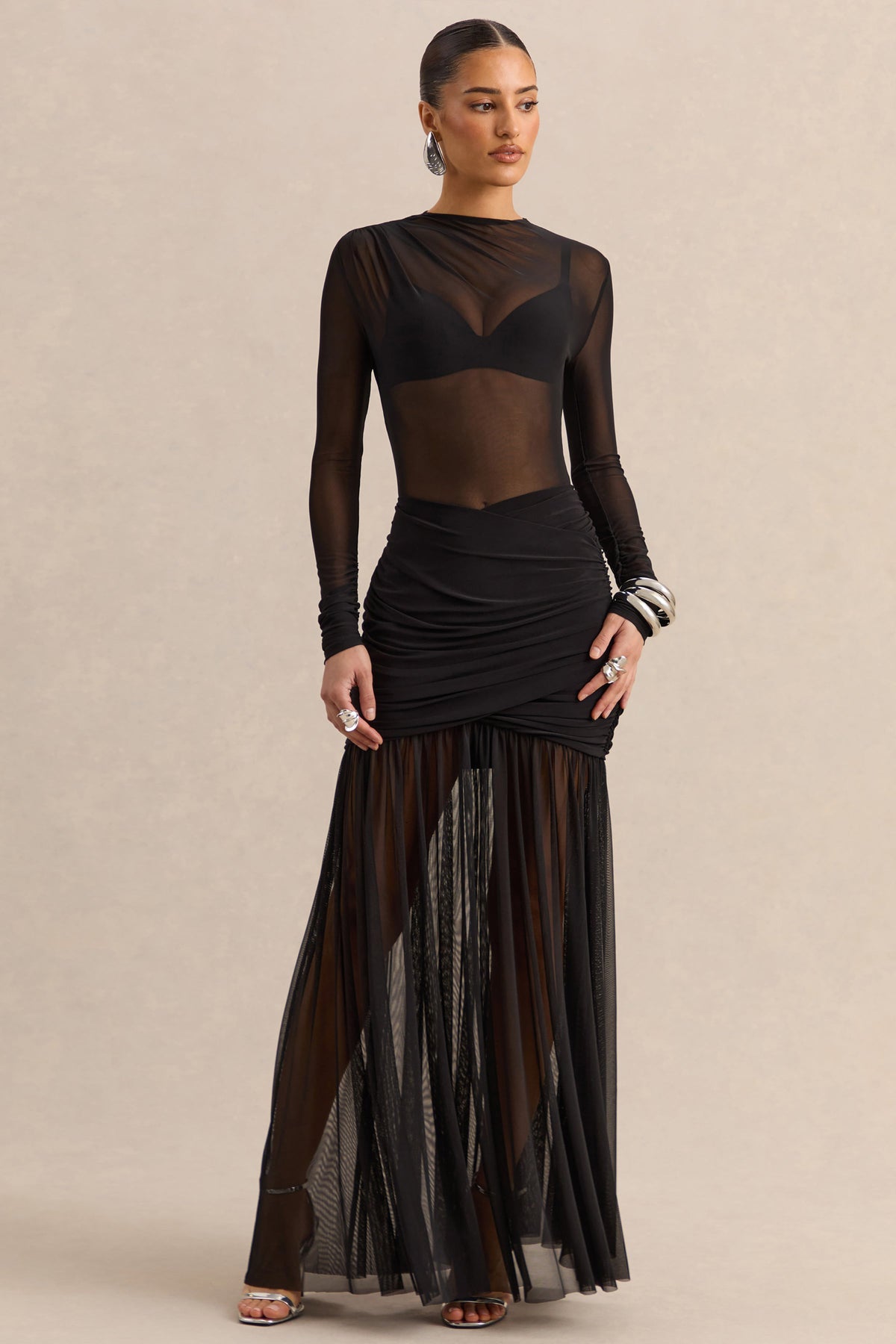 Garina | Body Negro De Malla Con Cuello Alto Y Manga Larga