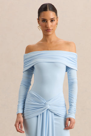 Helia | Body azul con escote Bardot y mangas largas fruncidas
