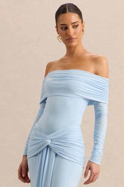 Helia | Body azul con escote Bardot y mangas largas fruncidas