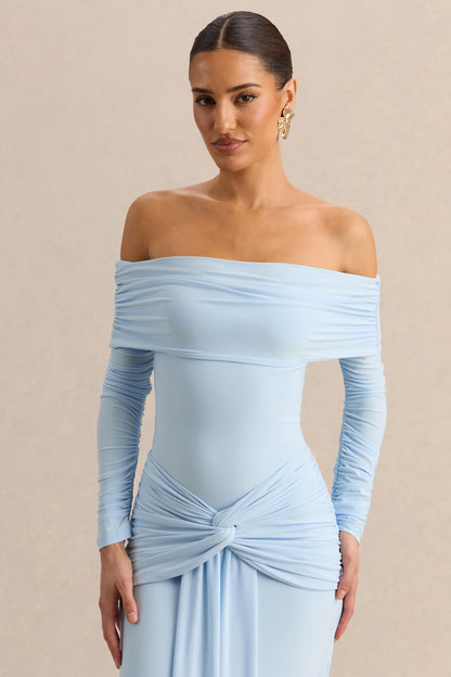 Helia | Body azul con escote Bardot y mangas largas fruncidas