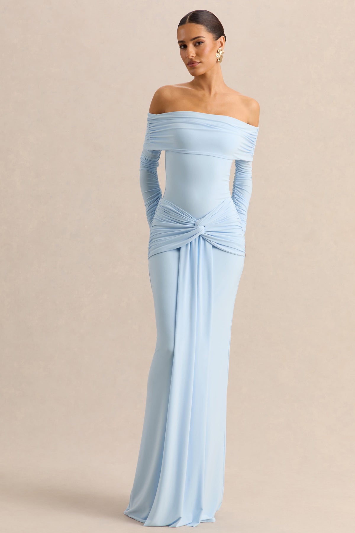 Helia | Body azul con escote Bardot y mangas largas fruncidas
