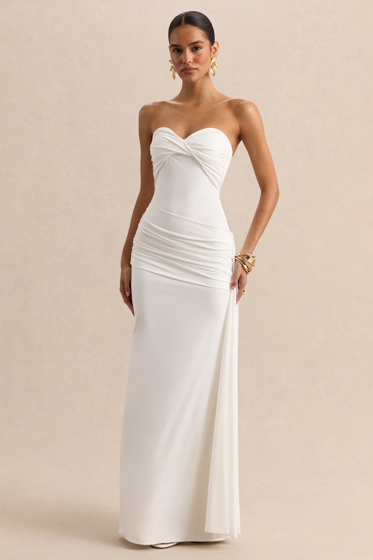 Liramine | Vestido Largo Blanco Bandeau con Detalle Drapeado y Fajín