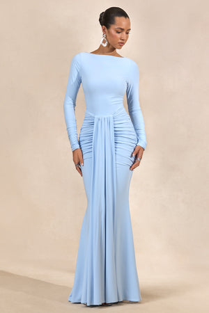 Liatris | Vestido Largo Azul Claro De Escote Amplio Con Detalle Fruncido