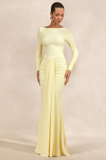 Liatris | Vestido Largo Amarillo Limón De Escote Amplio Con Detalle Fruncido