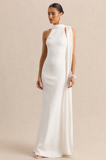 Vionette | Vestido Largo blanco de cuello alto con pañuelo