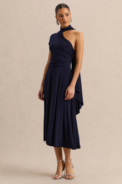 Lythara | Vestido Midi Azul Marino De Jersey Premium Con Escote Asimétrico Y Detalle Pañuelo