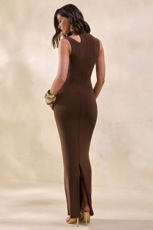 Cyrilla | Marrón Cuello Alto Vestido Midi con Detalle Dorado