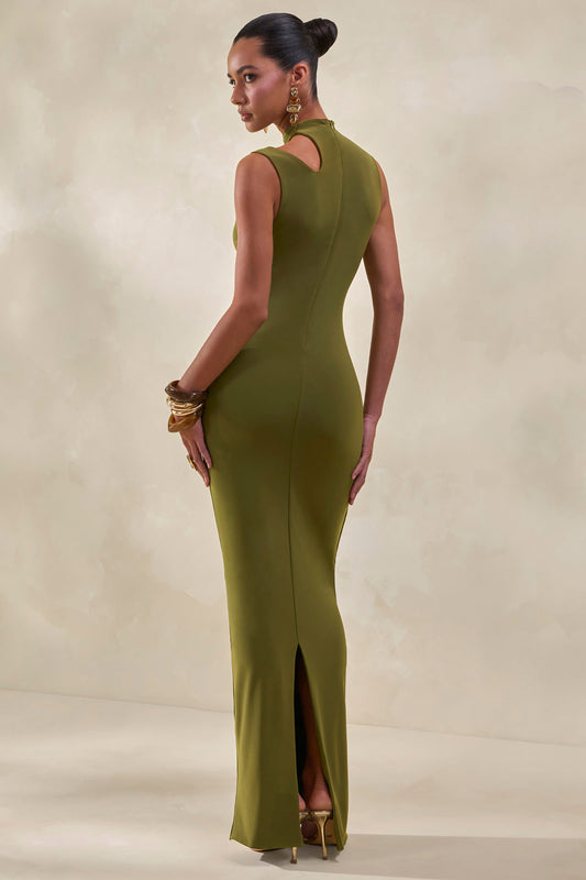 Cyrilla | Verde Cuello Alto Vestido Midi con Detalle Dorado
