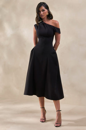Celosia | Vestido Midi Negro Con Escote Asimétrico Y Detalle Dorado