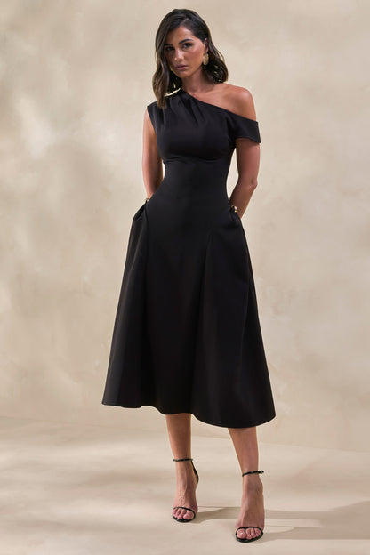 Celosia | Vestido Midi Negro Con Escote Asimétrico Y Detalle Dorado