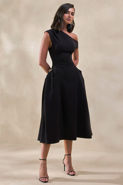 Celosia | Vestido Midi Negro Con Escote Asimétrico Y Detalle Dorado