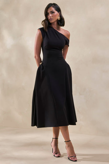 Celosia | Vestido Midi Negro Con Escote Asimétrico Y Detalle Dorado