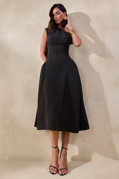 Celosia | Vestido Midi Negro Con Escote Asimétrico Y Detalle Dorado