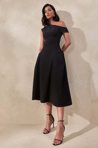 Celosia | Vestido Midi Negro Con Escote Asimétrico Y Detalle Dorado