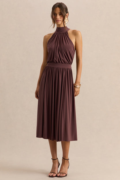 Hedira | Vestido Midi Marrón de Cuello Alto