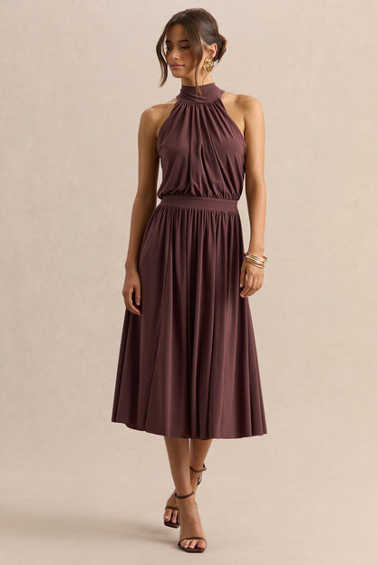 Hedira | Vestido Midi Marrón de Cuello Alto