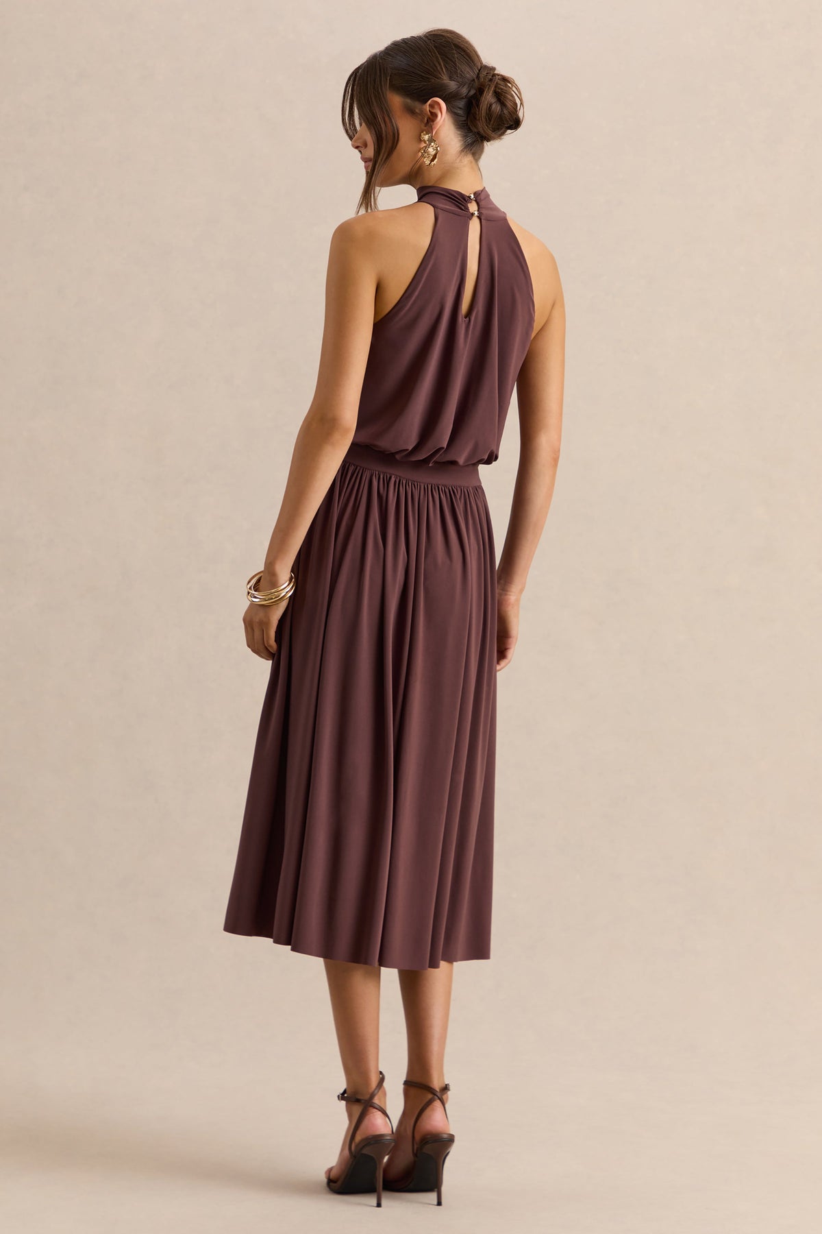 Hedira | Vestido Midi Marrón de Cuello Alto