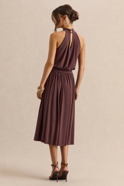 Hedira | Vestido Midi Marrón de Cuello Alto