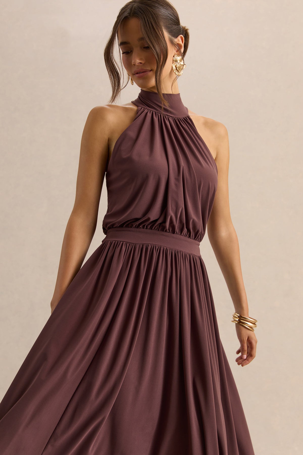 Hedira | Vestido Midi Marrón de Cuello Alto