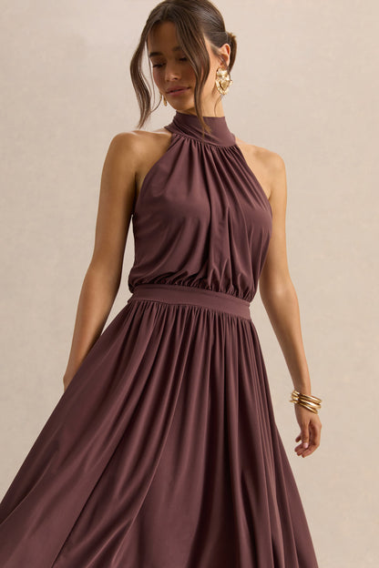 Hedira | Vestido Midi Marrón de Cuello Alto
