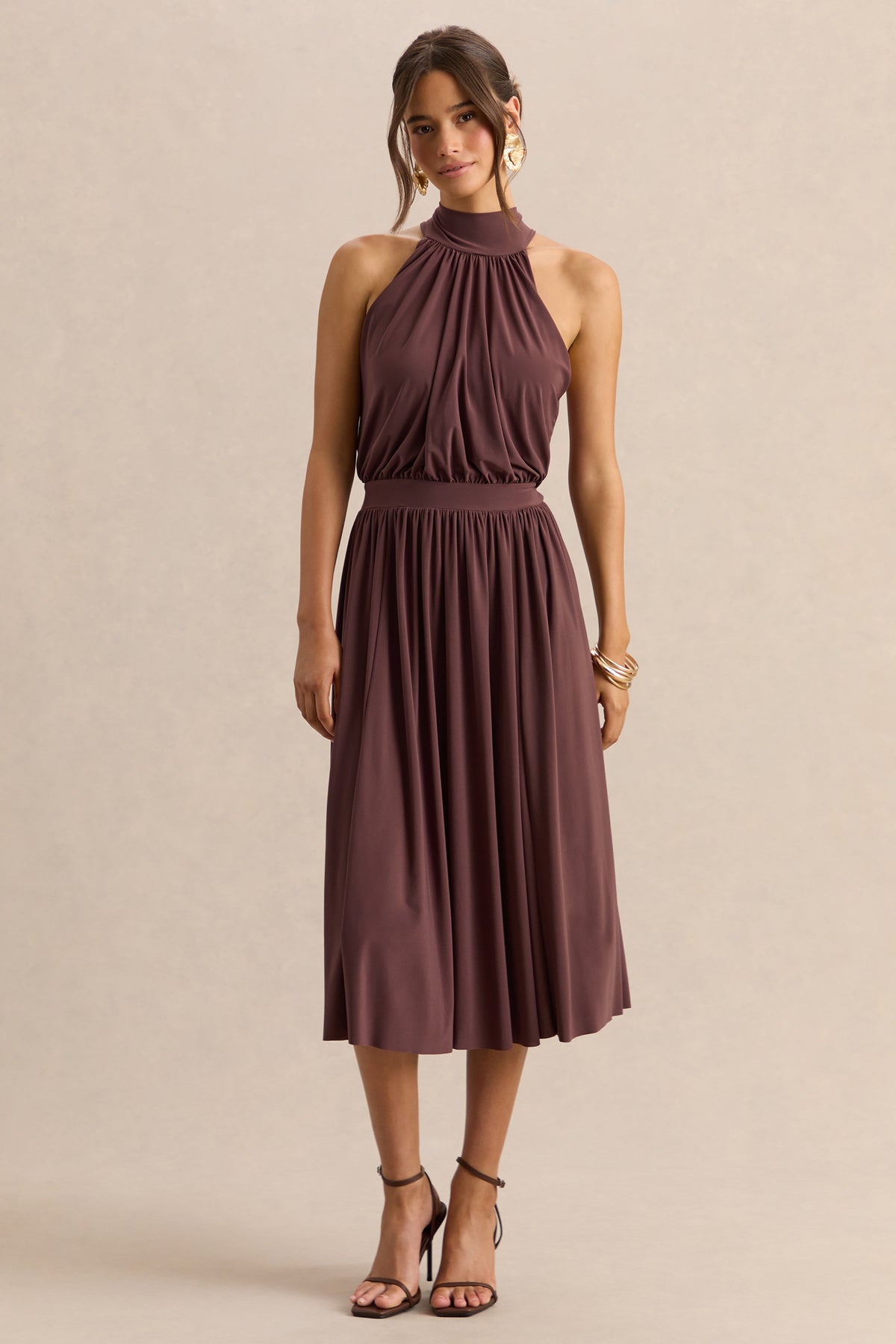 Hedira | Vestido Midi Marrón de Cuello Alto