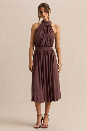 Hedira | Vestido Midi Marrón de Cuello Alto