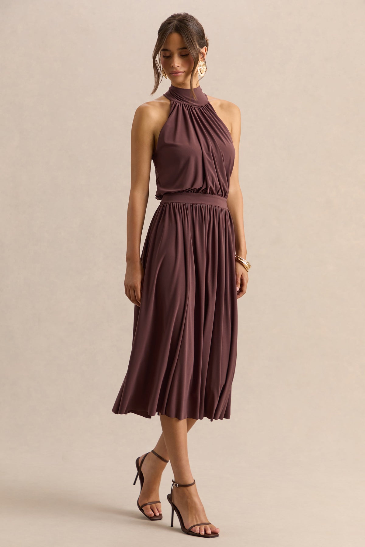 Hedira | Vestido Midi Marrón de Cuello Alto