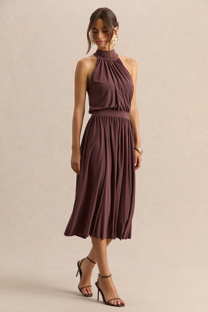 Hedira | Vestido Midi Marrón de Cuello Alto