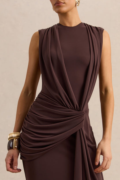 Blythia | Vestido Largo Marrón de Cuello Redondo con Detalle Drapeado