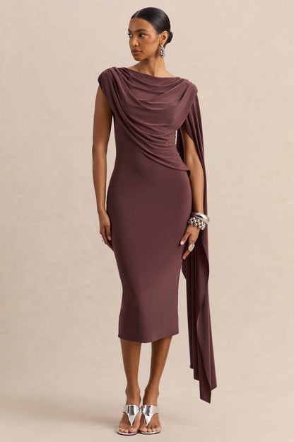 Kamoria | Vestido Midi Marrón de Cuello Redondo con Manga Capa