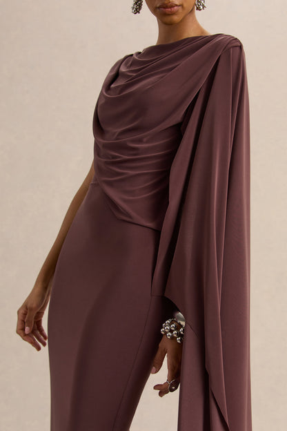 Kamoria | Vestido Midi Marrón de Cuello Redondo con Manga Capa