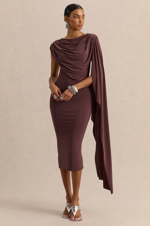 Kamoria | Vestido Midi Marrón de Cuello Redondo con Manga Capa