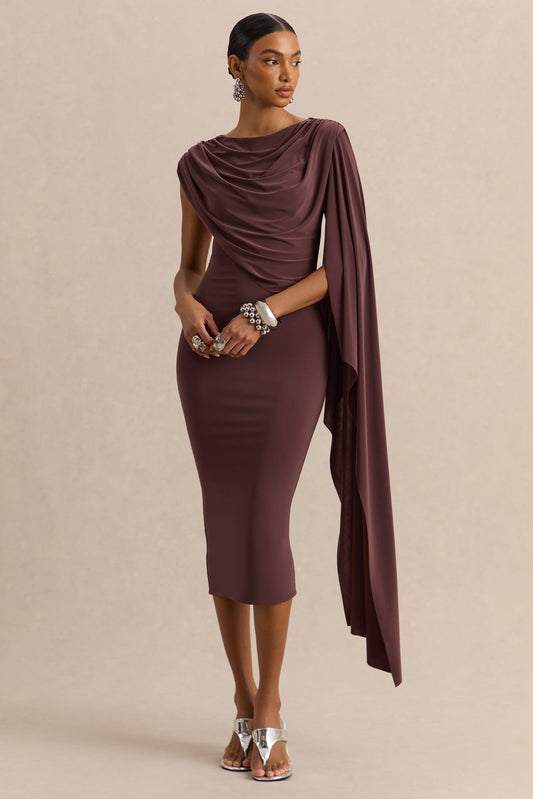 Kamoria | Vestido Midi Marrón de Cuello Redondo con Manga Capa