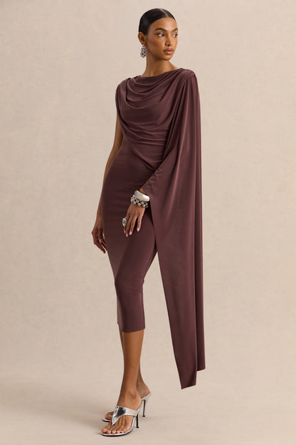 Kamoria | Vestido Midi Marrón de Cuello Redondo con Manga Capa