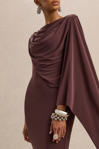 Kamoria | Vestido Midi Marrón de Cuello Redondo con Manga Capa