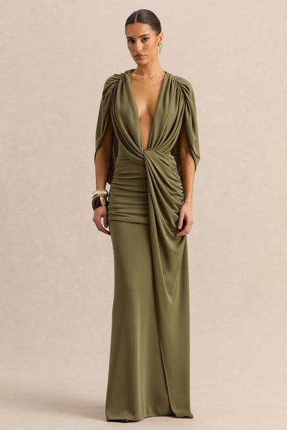 Marisea | Vestido Largo Verde de Escote Pronunciado con Mangas Capa