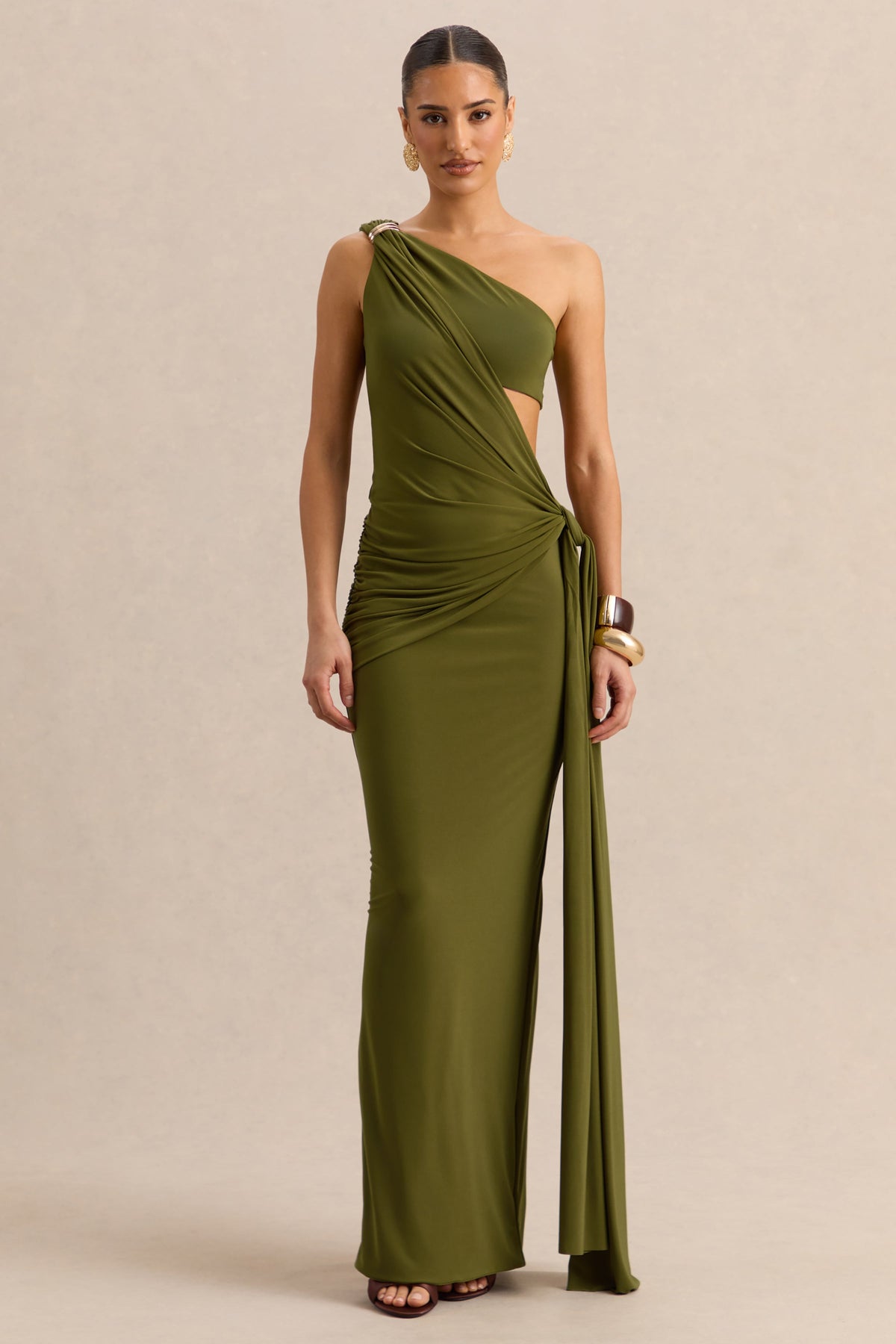 Clarosia | Verde Escote Asimétrico Vestido Largo con Abertura y Fajín