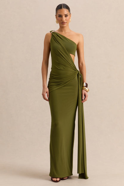 Clarosia | Verde Escote Asimétrico Vestido Largo con Abertura y Fajín