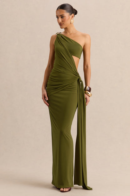 Clarosia | Verde Escote Asimétrico Vestido Largo con Abertura y Fajín