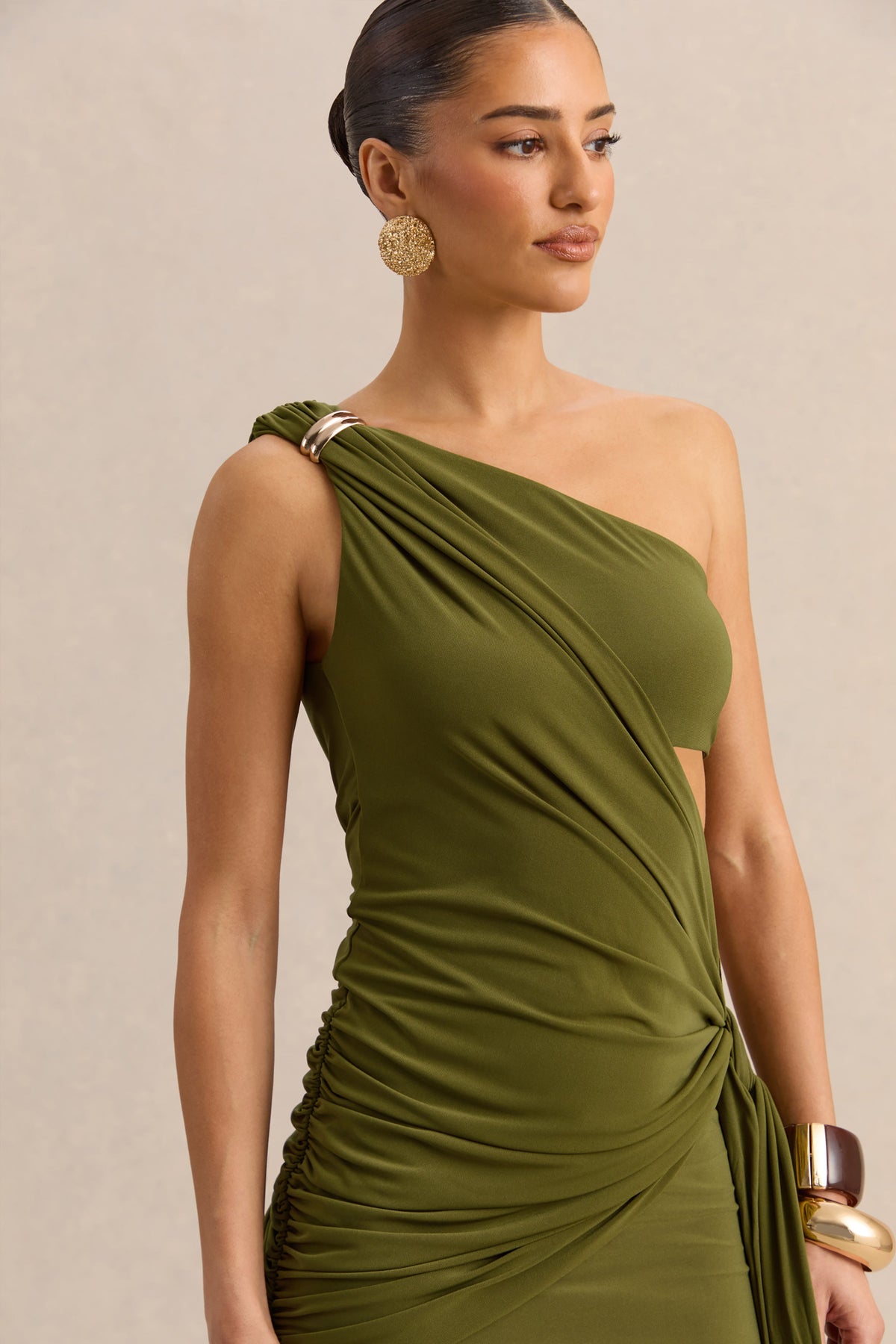 Clarosia | Verde Escote Asimétrico Vestido Largo con Abertura y Fajín